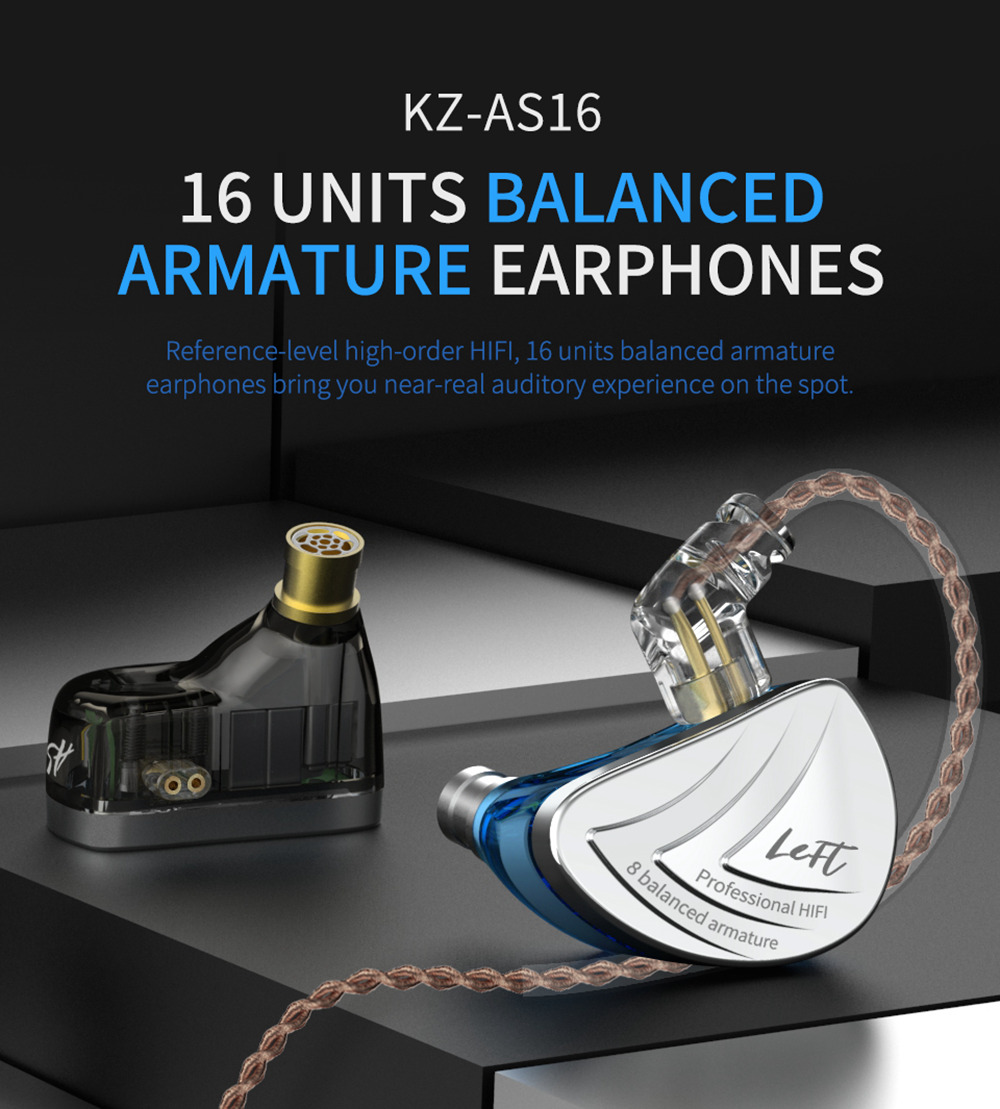 KZ AS16 Wired In-ear Earphone with Mic16BA Balanced Armature Units HIFI Bass Noise Cancelling - Blue