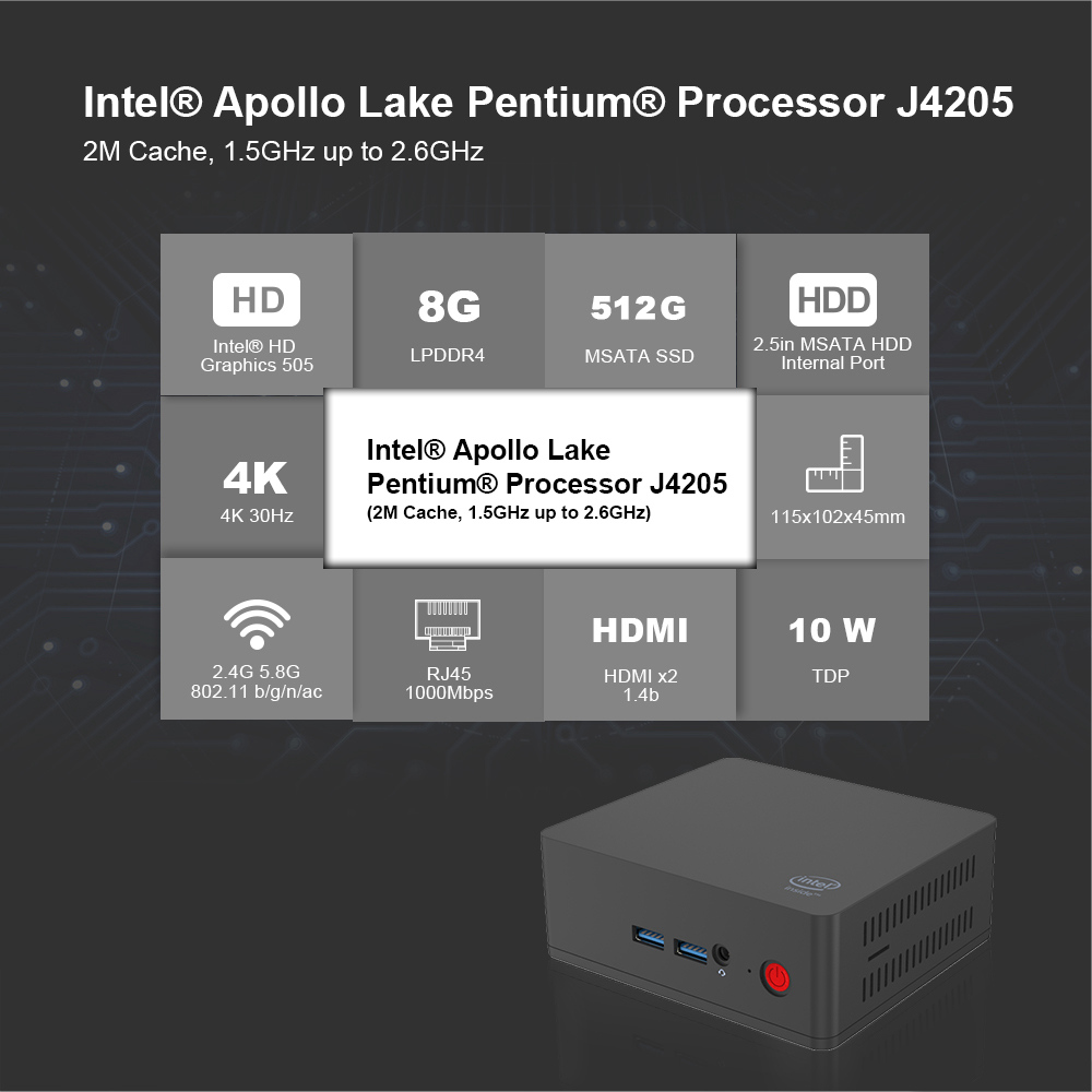 Beelink AP45 Intel Pentium J4205 8GB DDR4 512GB mSATA SSD Windows 10 Mini PC Dual Band WiFi Bluetooth Gigabit LAN USB3.0*4 HDMI*2 2.5 inch HDD Bay