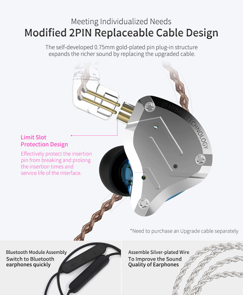 KZ ZS10 Pro Wired Metal Earphone with Mic Hybrid 10 Units HIFI Bass In-Ear Sports Noise Cancelling-Black