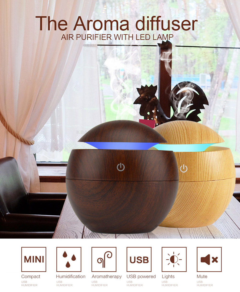 USB Aroma Essential Oil Diffuser Cool Mist Humidifier Air Purifier 7 Colors LED Lamp for Office Home - Brown