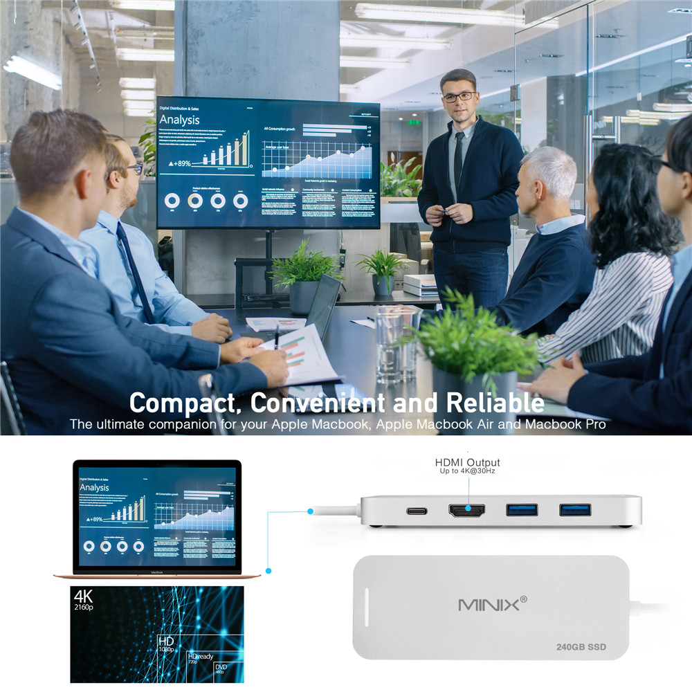 MINIX NEO C SSD USB-C Multiport Storage HUB With 240G SSD Type-C to HDMI + USB3.0 - Silver