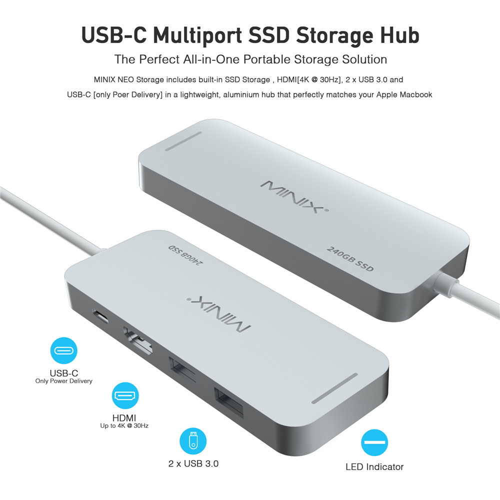 MINIX NEO C SSD USB-C Multiport Storage HUB With 240G SSD Type-C to HDMI + USB3.0 - Silver