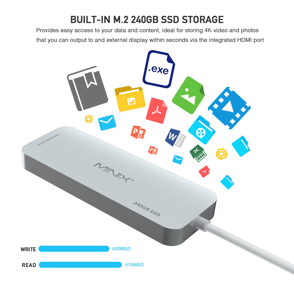 MINIX NEO C SSD USB-C Multiport Storage HUB With 240G SSD Type-C to HDMI + USB3.0 - Silver