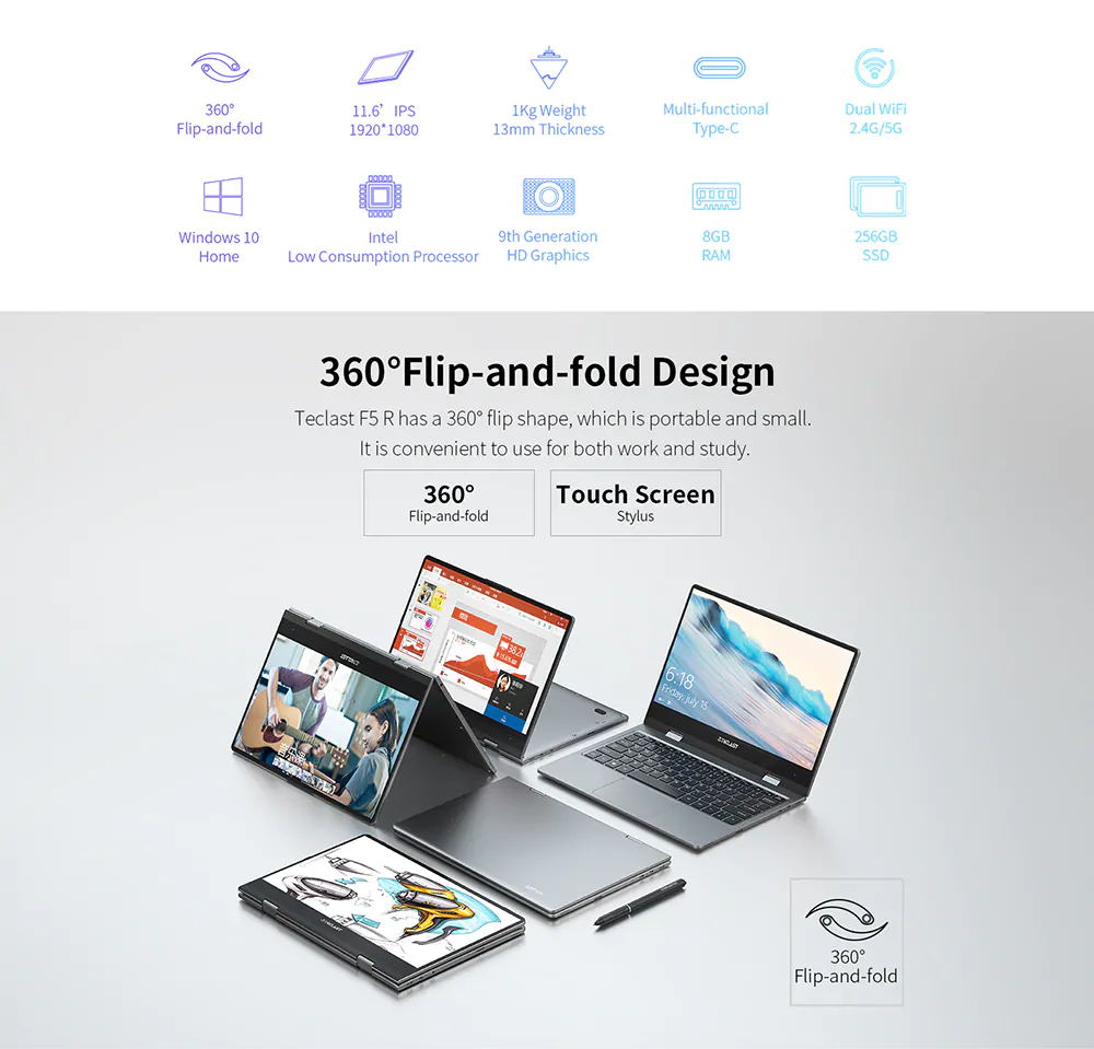 Teclast F5R Laptop Intel Celeron N3450 Quad Core 11.6 Inch 1920*1080 IPS Screen 8GB DDR4 256GB SSD Windows 10 - Grey