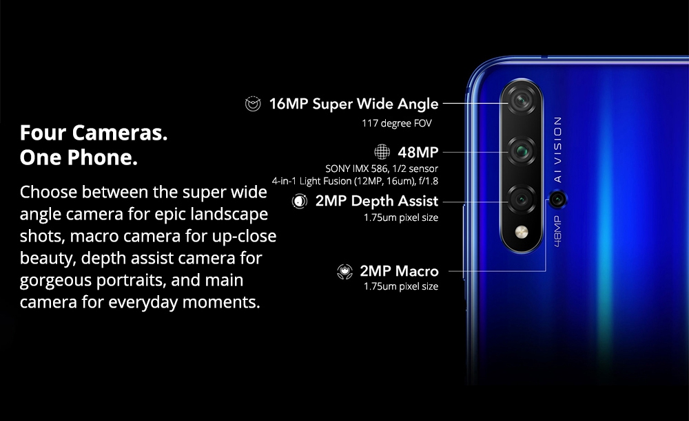 Huawei Honor 20 6.26 Inch 4G LTE Smartphone Kirin 980 8GB 128GB 48.0MP + 16.0MP + 2.0MP Triple Rear Cameras Android 9 Fast Charging Side-mounted Fingerprint - Blue