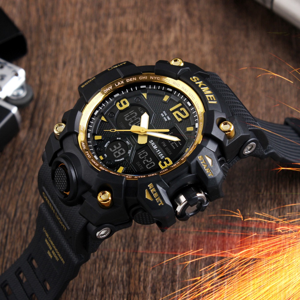 SKMEI 1155 Men's LED Digital Quartz Watch Double Movement Waterproof Dual Time Day Alarm Light Silicone Band - Dark Blue