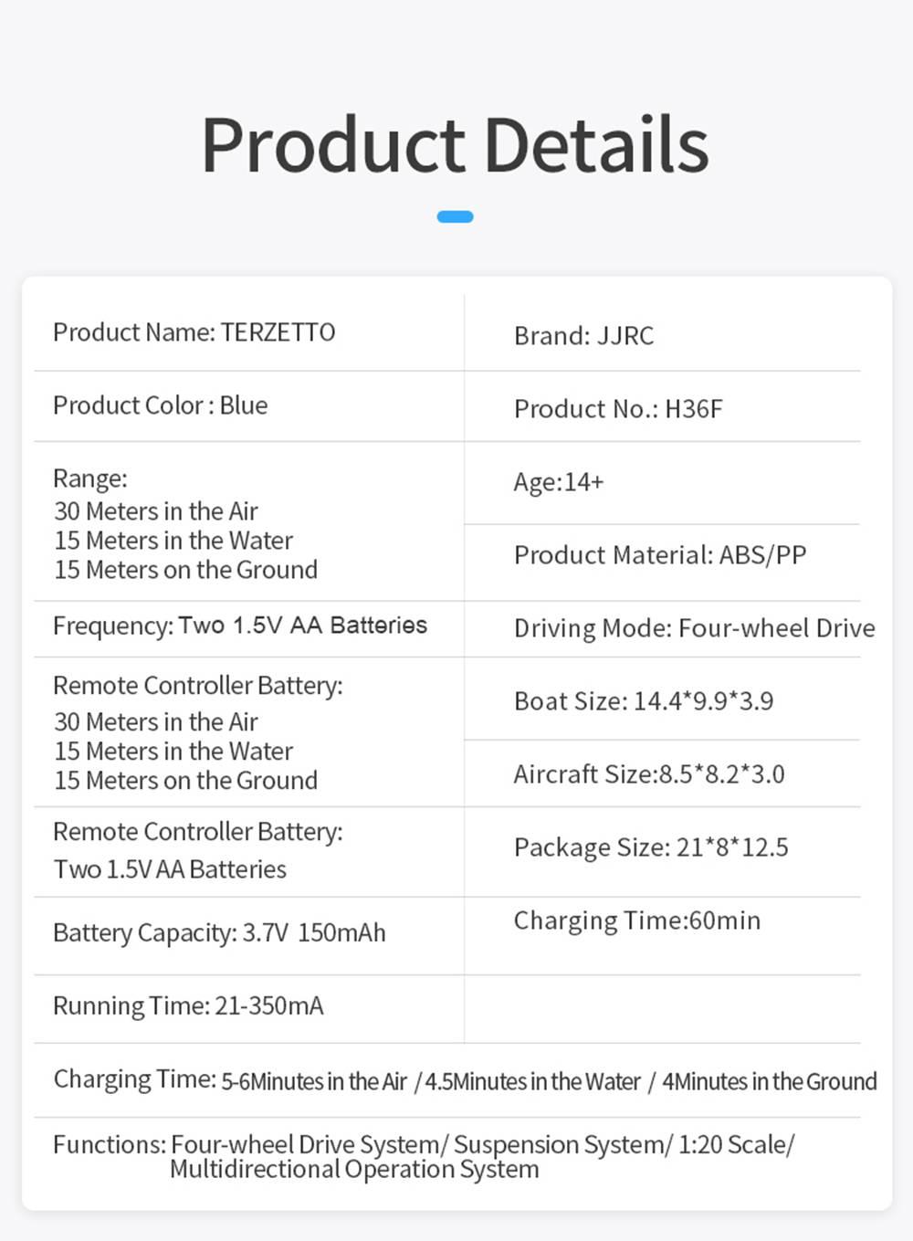 JJRC H36F Terzetto 3IN1 Flying Air Boat Land Driving Mode Detachable One Key Return RC Quadcopter RTF - One Battery