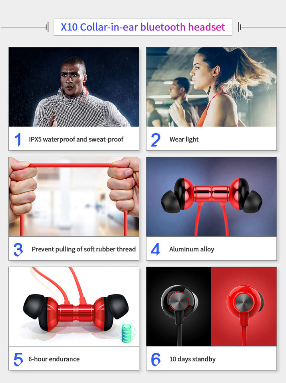 OVEVO X10 Bluetooth 4.2 Sports Wired Earphone 90mAh HIFI Sound with Charging Case 500mAh - Black and Red