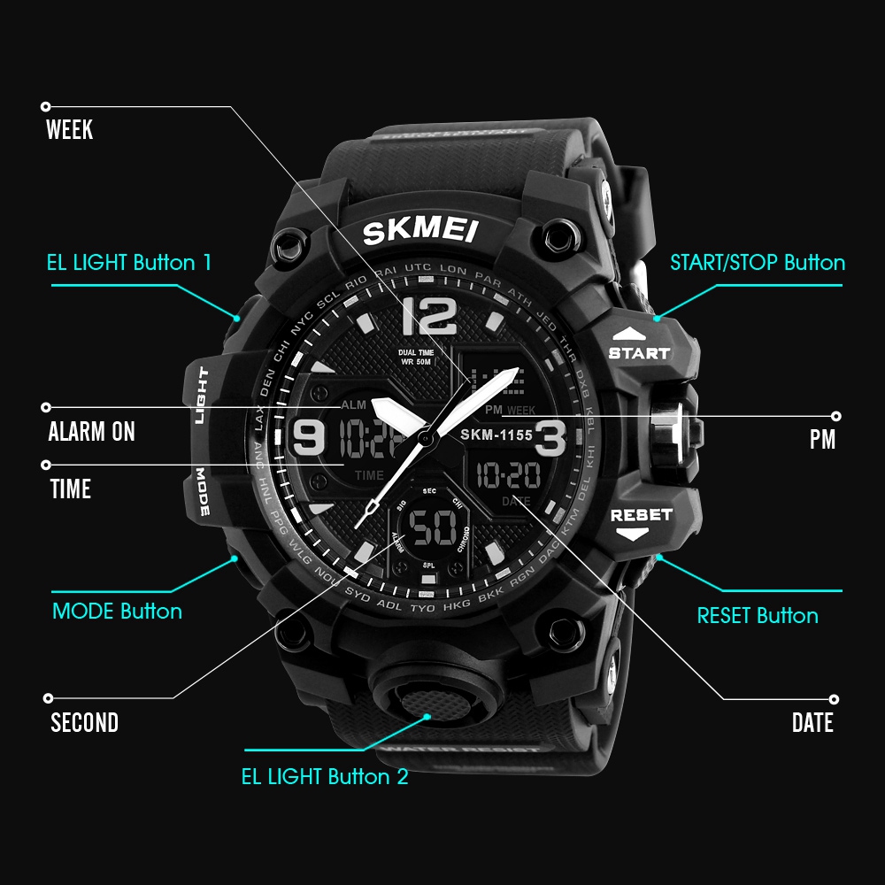 SKMEI 1155 Men's LED Digital Quartz Watch Double Movement Waterproof Dual Time Day Alarm Light Silicone Band - Gray + Black