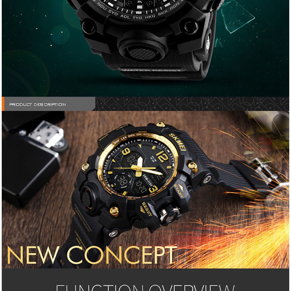 SKMEI 1155 Men's LED Digital Quartz Watch Double Movement Waterproof Dual Time Day Alarm Light Silicone Band - Gray + Black