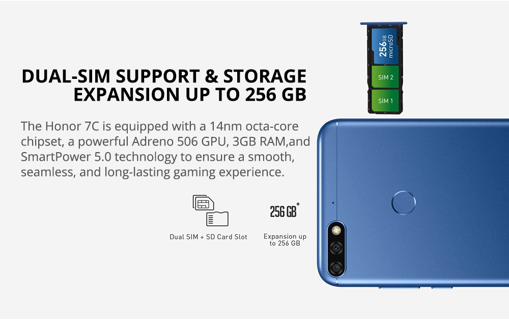 Huawei Honor 7C 5.99 Inch 4G LTE Smartphone Snapdragon 450 4GB 64GB 13.0MP+2.0MP Dual Rear Cameras Android 8.0 Touch ID Global ROM - Gold
