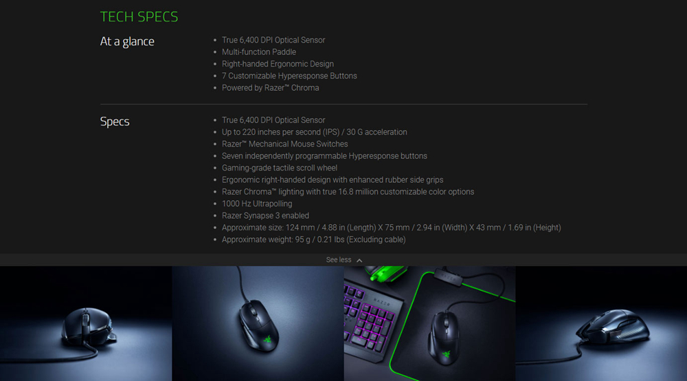 Razer Basilisk Essential Wired Gaming Mouse 6400 DPI Optical Sensor RGB Backlight With 7 Programmable Buttons -Black