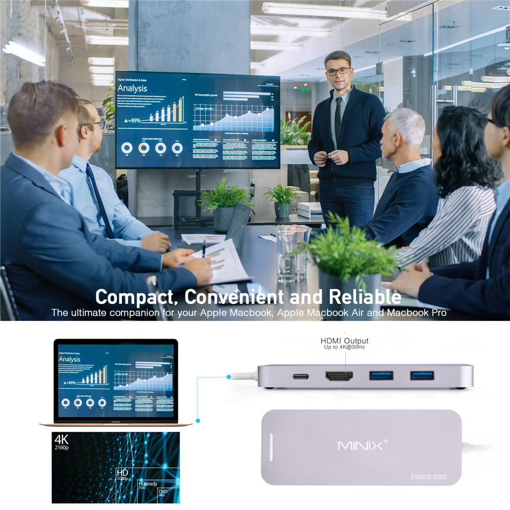 MINIX NEO C SSD USB-C Multiport Storage HUB With 240G SSD Type-C to HDMI + USB3.0 - Space Gray
