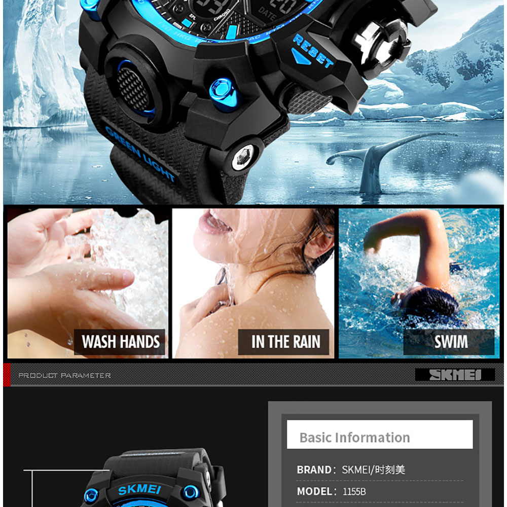 SKMEI 1155 Men's LED Digital Quartz Watch Double Movement Waterproof Dual Time Day Alarm Light Silicone Band - Black + Bue