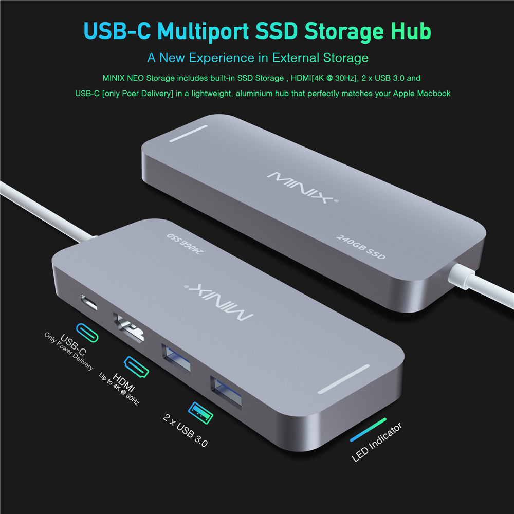 MINIX NEO C SSD USB-C Multiport Storage HUB With 240G SSD Type-C to HDMI + USB3.0 - Space Gray