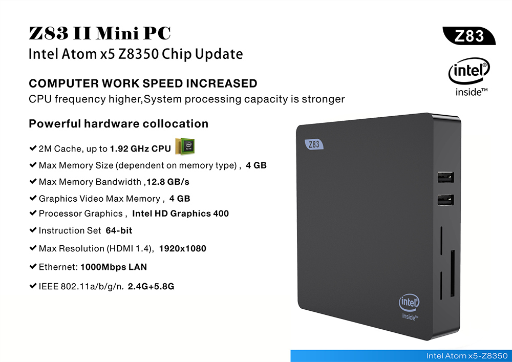 Beelink Z83II Windows 10 64Bit Intel Atom X5 Z8350 4K MINI PC 4GB/64GB 2.4G/5.8G WIFI Gigabit LAN Bluetooth HDMI USB3.0