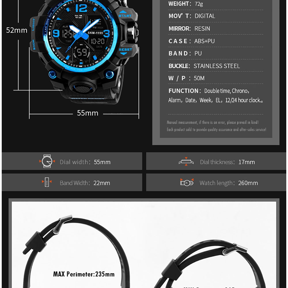 SKMEI 1155 Men's LED Digital Quartz Watch Double Movement Waterproof Dual Time Day Alarm Light Silicone Band - Black