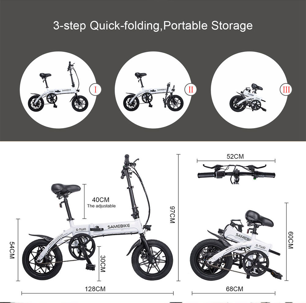 Samebike YINYU14 Folding Smart Bicycle Moped Electric Bike 250W Motor Max 30km/h 14 Inch Tire - White
