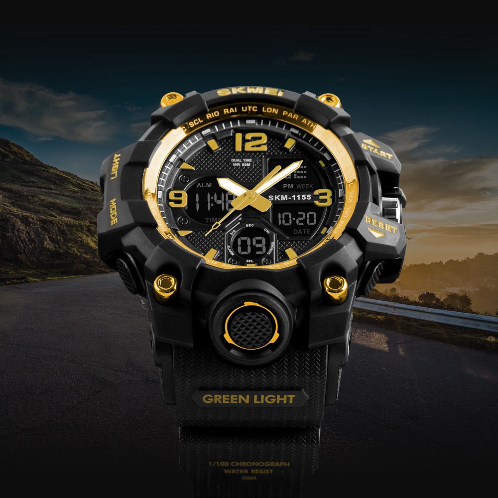 SKMEI 1155 Men's LED Digital Quartz Watch Double Movement Waterproof Dual Time Day Alarm Light Silicone Band - Dark Blue