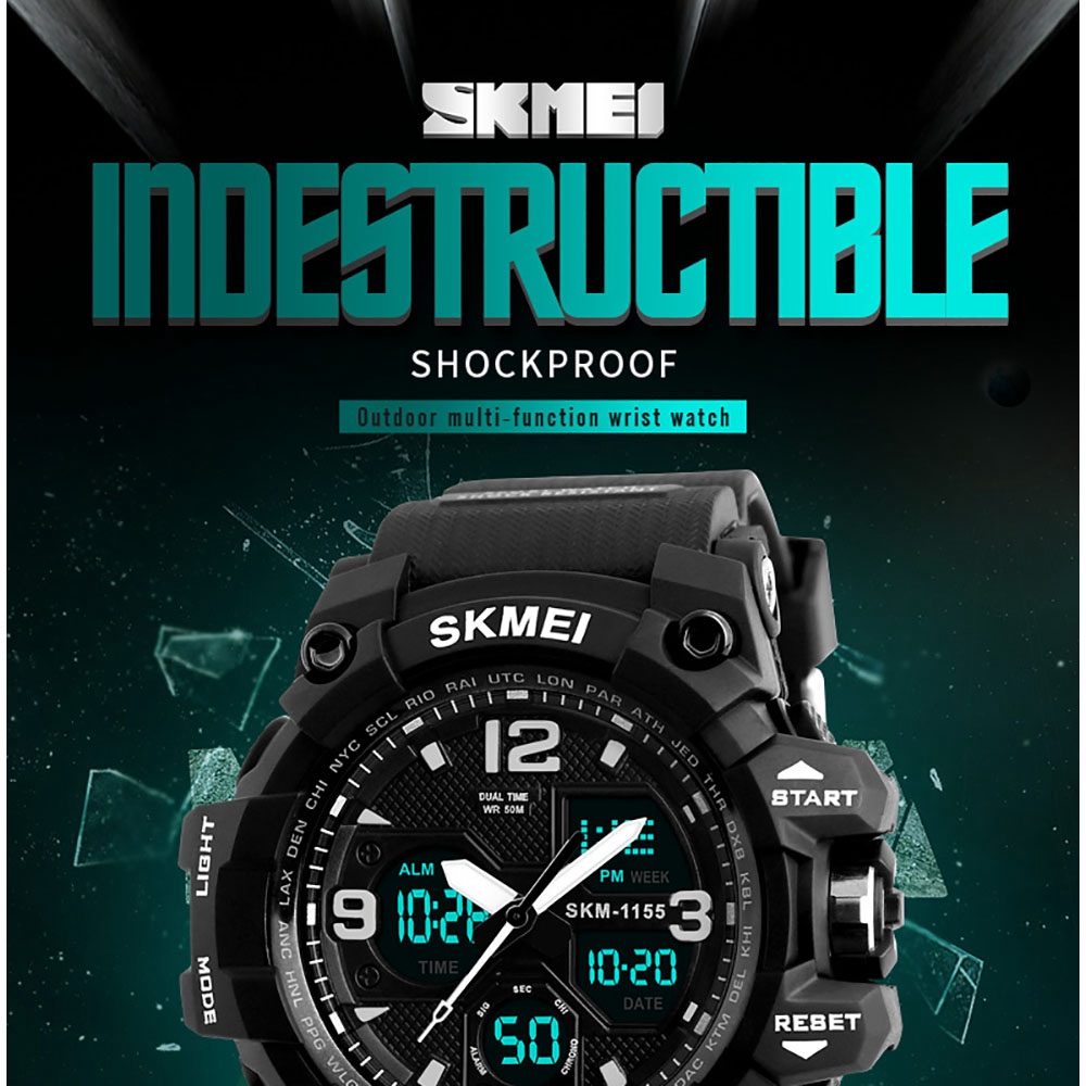 SKMEI 1155 Men's LED Digital Quartz Watch Double Movement Waterproof Dual Time Day Alarm Light Silicone Band - Gray + Black