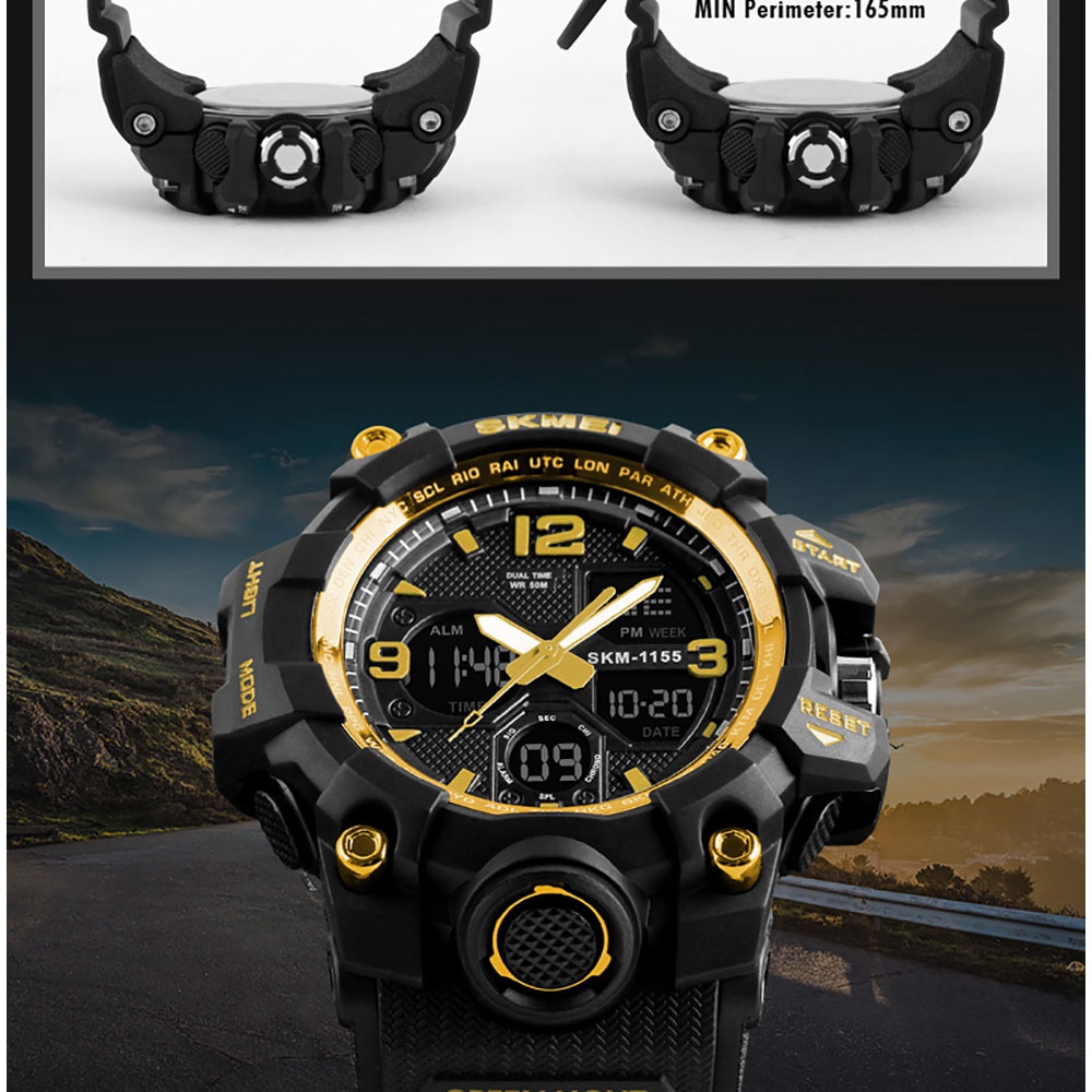 SKMEI 1155 Men's LED Digital Quartz Watch Double Movement Waterproof Dual Time Day Alarm Light Silicone Band - Dark Blue