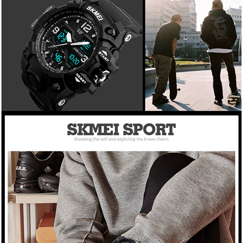 SKMEI 1155 Men's LED Digital Quartz Watch Double Movement Waterproof Dual Time Day Alarm Light Silicone Band - Black
