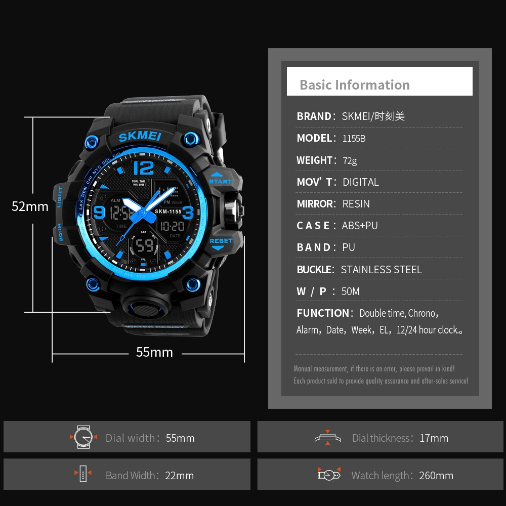 SKMEI 1155 Men's LED Digital Quartz Watch Double Movement Waterproof Dual Time Day Alarm Light Silicone Band - Black + Bue