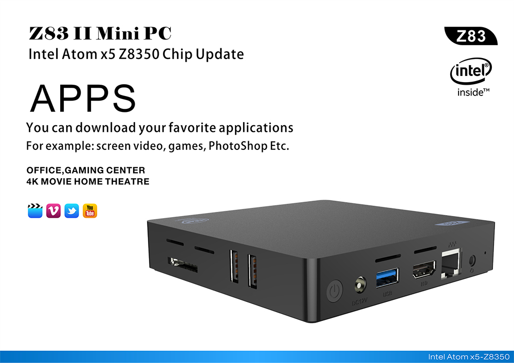 Beelink Z83II Windows 10 64Bit Intel Atom X5 Z8350 4K MINI PC 4GB/64GB 2.4G/5.8G WIFI Gigabit LAN Bluetooth HDMI USB3.0