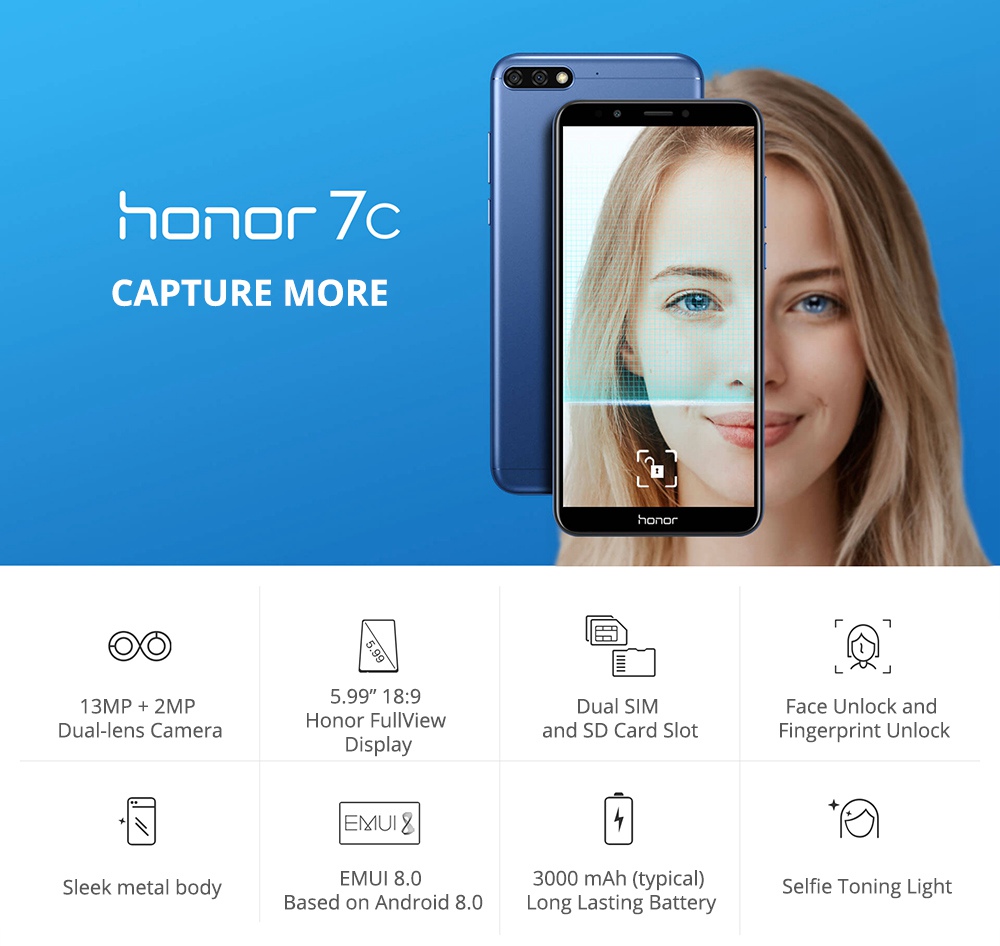 Huawei Honor 7C 5.99 Inch 4G LTE Smartphone Snapdragon 450 4GB 64GB 13.0MP+2.0MP Dual Rear Cameras Android 8.0 Touch ID Global ROM - Black