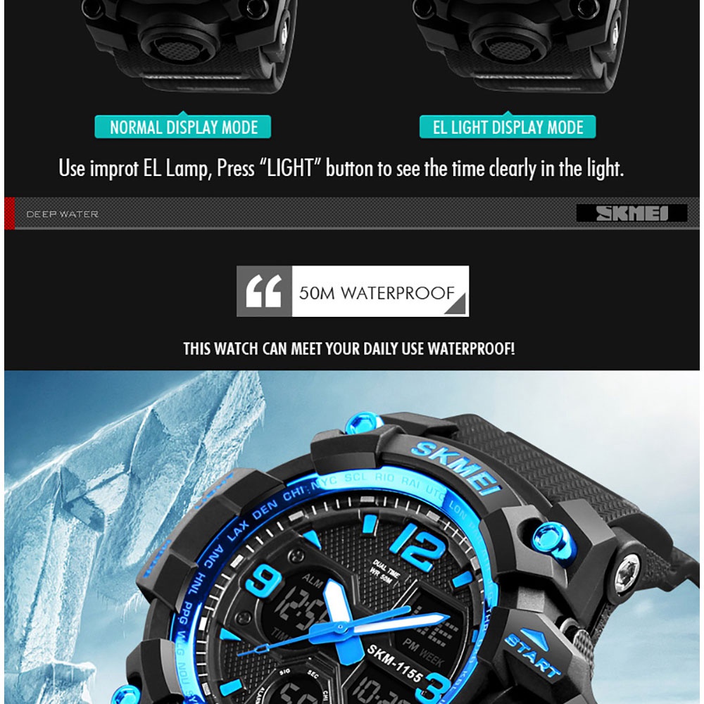 SKMEI 1155 Men's LED Digital Quartz Watch Double Movement Waterproof Dual Time Day Alarm Light Silicone Band - Gray + Black