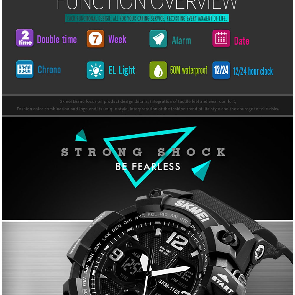 SKMEI 1155 Men's LED Digital Quartz Watch Double Movement Waterproof Dual Time Day Alarm Light Silicone Band - Dark Blue