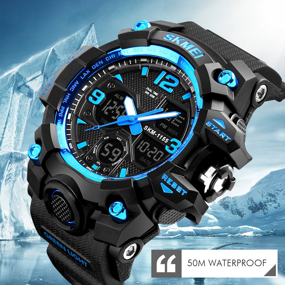 SKMEI 1155 Men's LED Digital Quartz Watch Double Movement Waterproof Dual Time Day Alarm Light Silicone Band - Black