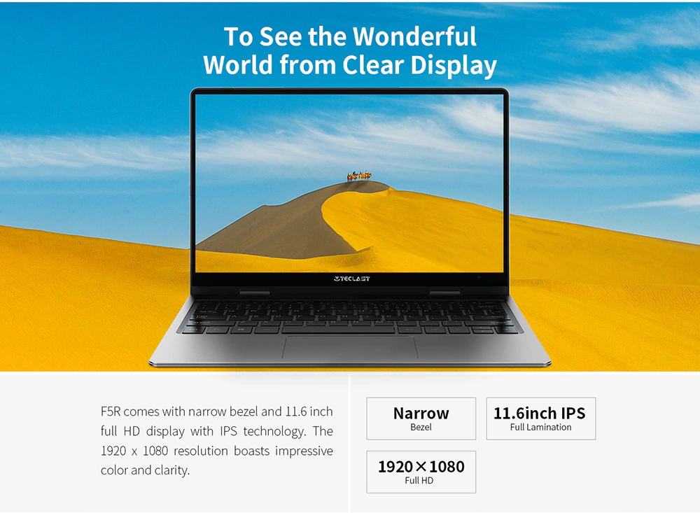 Teclast F5R Laptop Intel Celeron N3450 Quad Core 11.6 Inch 1920*1080 IPS Screen 8GB DDR4 256GB SSD Windows 10 - Grey