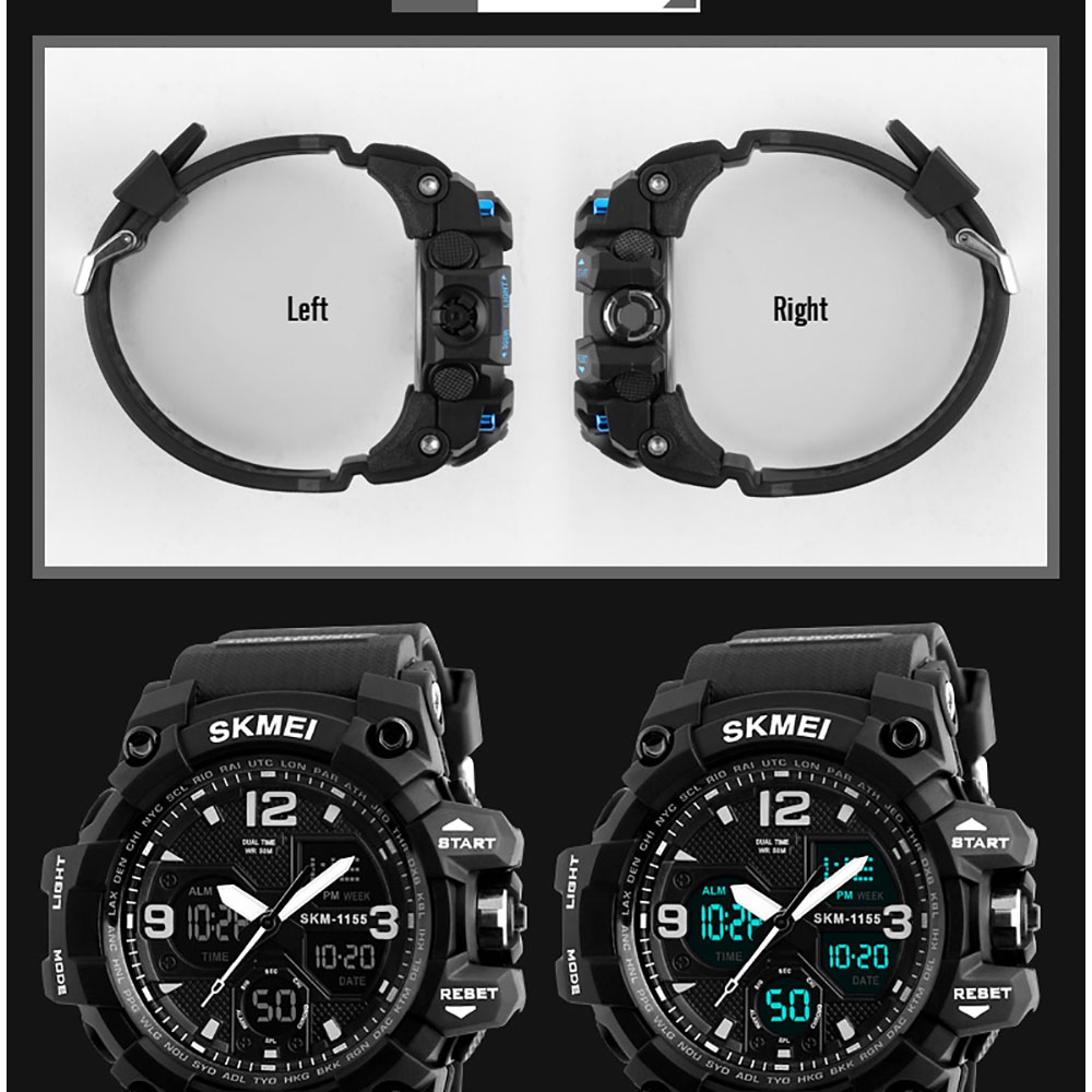 SKMEI 1155 Men's LED Digital Quartz Watch Double Movement Waterproof Dual Time Day Alarm Light Silicone Band - Black