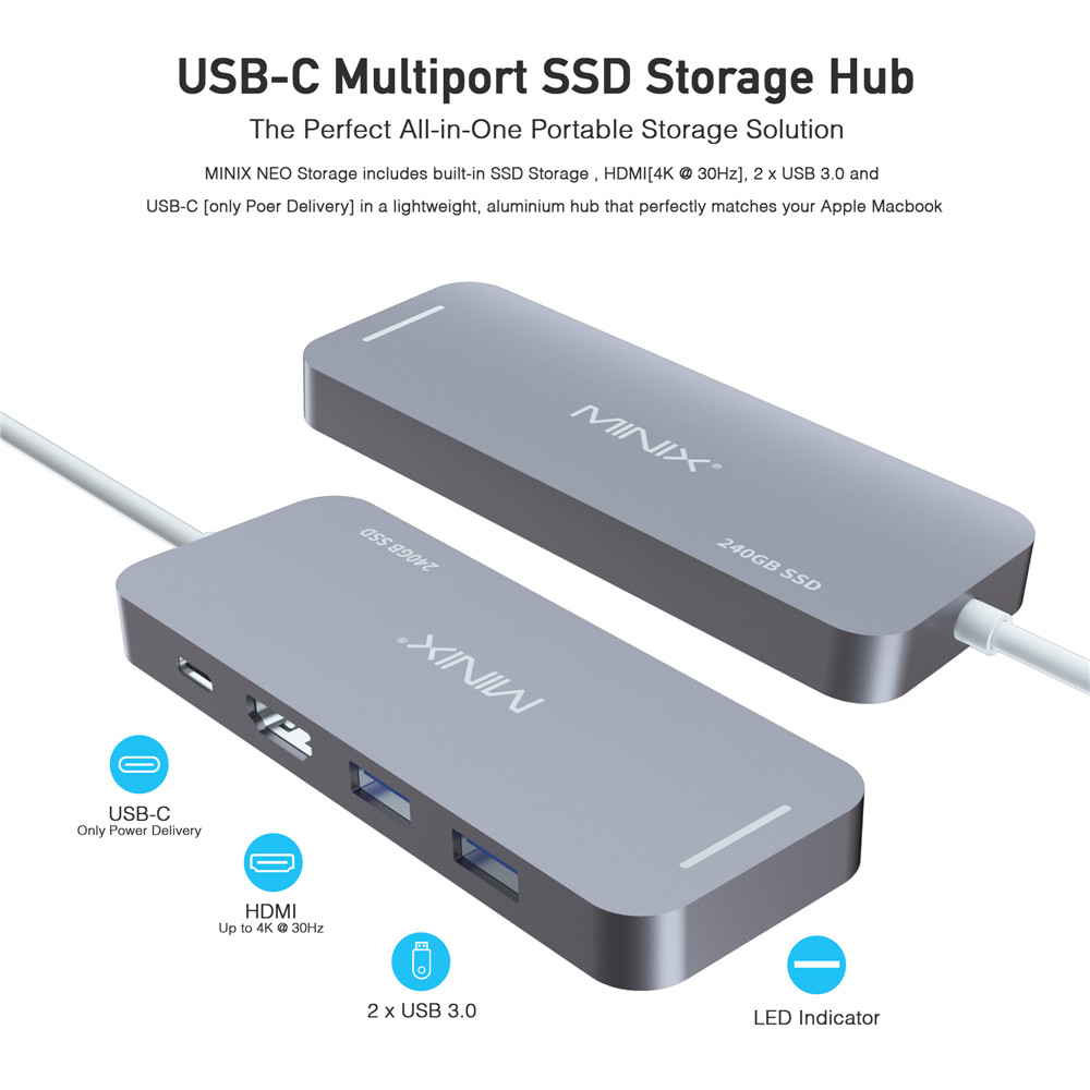 MINIX NEO C SSD USB-C Multiport Storage HUB With 240G SSD Type-C to HDMI + USB3.0 - Space Gray