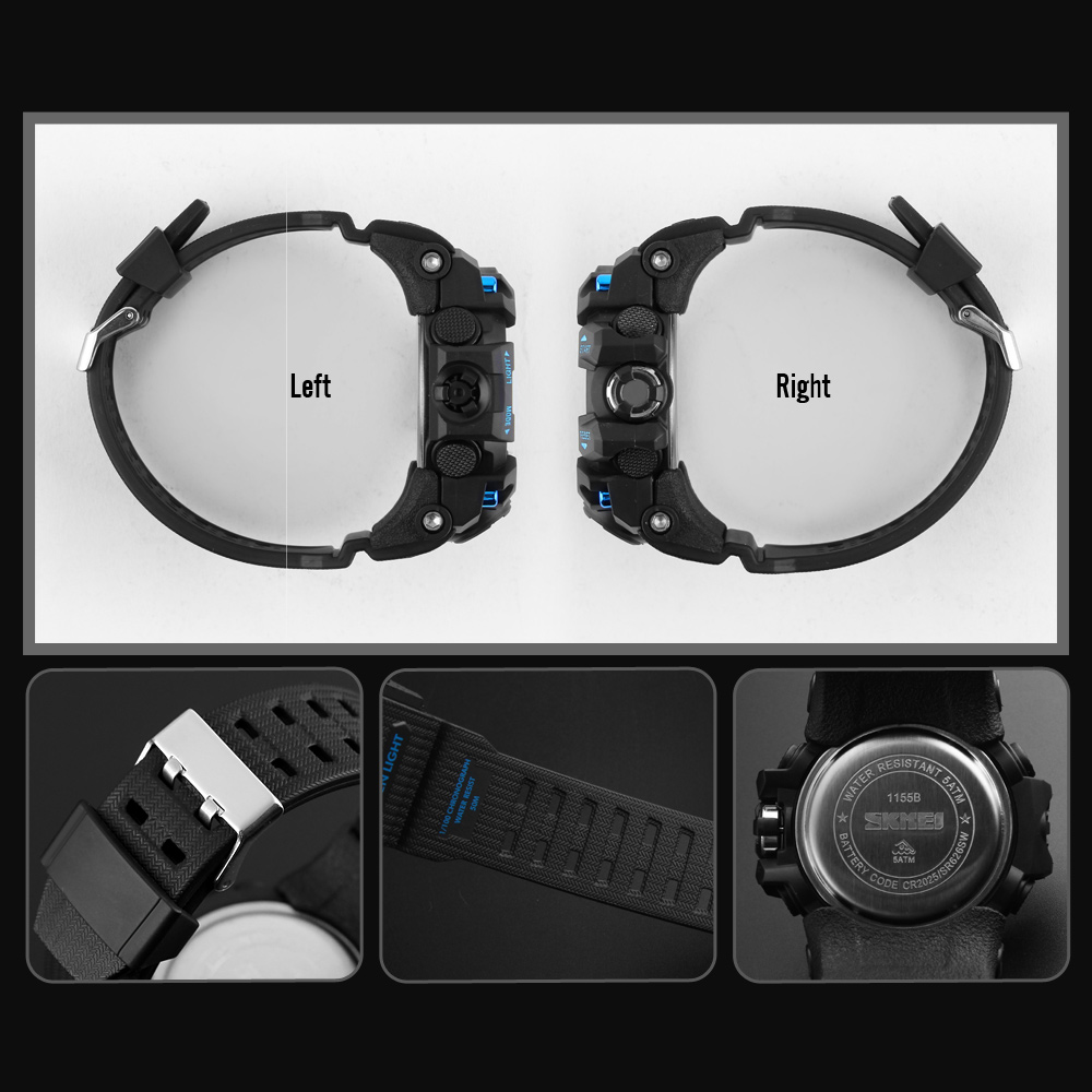 SKMEI 1155 Men's LED Digital Quartz Watch Double Movement Waterproof Dual Time Day Alarm Light Silicone Band - Black