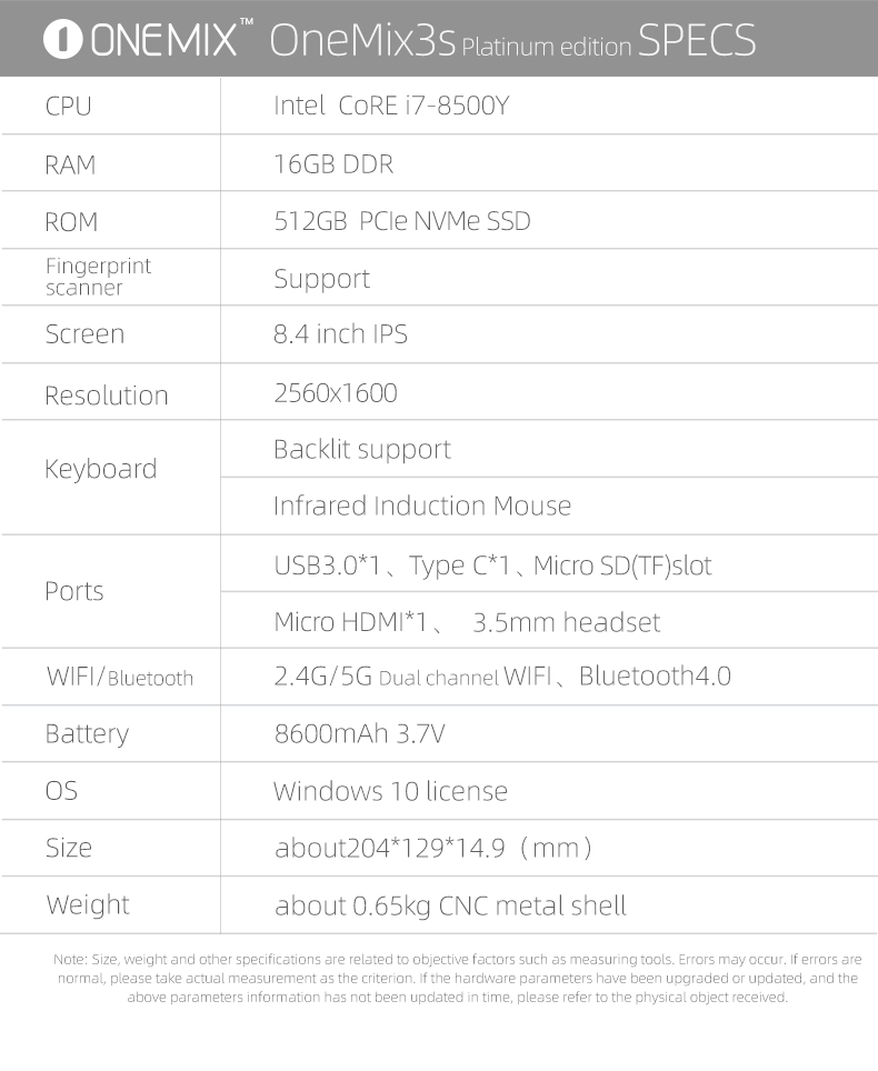 One Netbook One Mix 3S Yoga Pocket Laptop Intel Core i7-8500Y Quad Core 8.4" IPS Screen 2500*1600 Touch ID Windows 10 16GB DDR3 512GB PCI-E SSD - Platinum