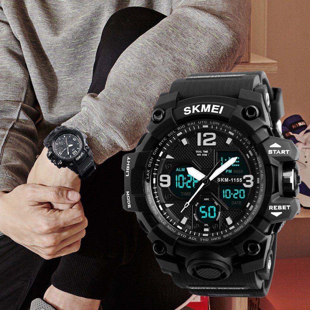 SKMEI 1155 Men's LED Digital Quartz Watch Double Movement Waterproof Dual Time Day Alarm Light Silicone Band - Dark Blue