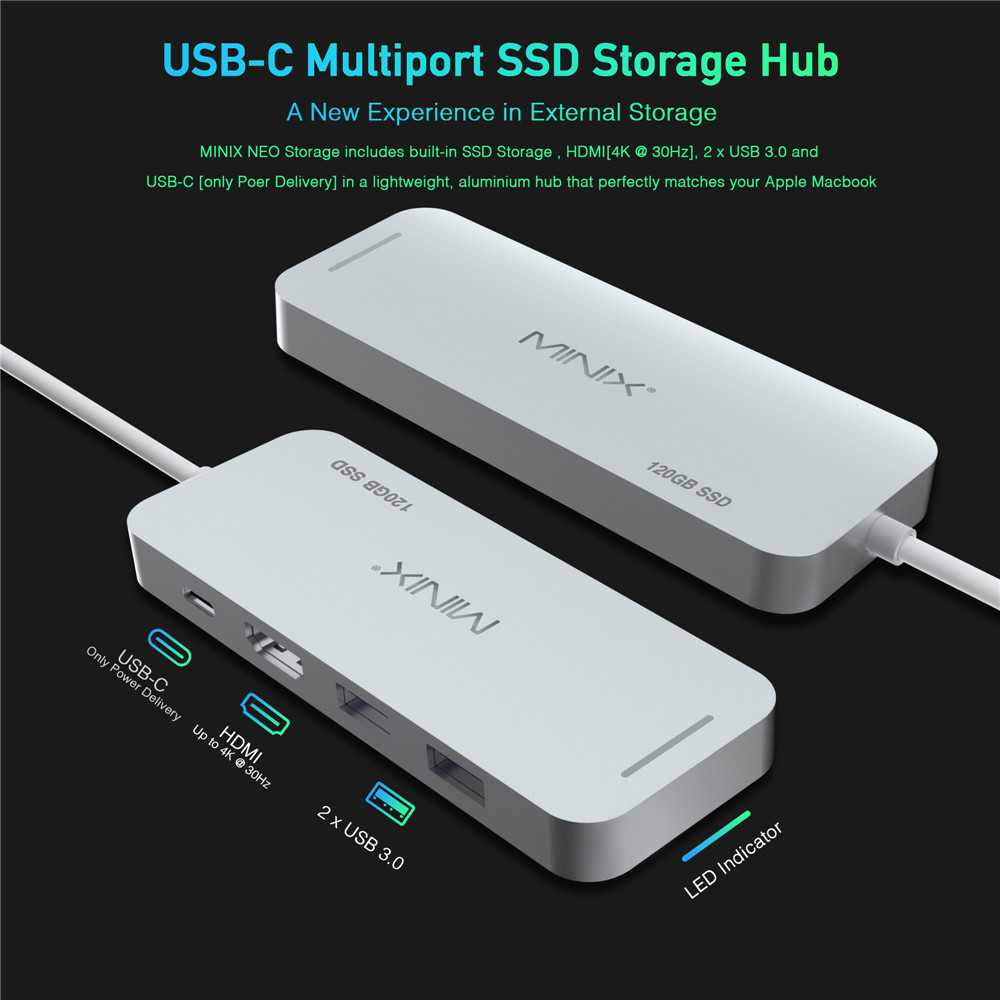 MINIX NEO C SSD USB-C Multiport Storage HUB With 120G SSD Type-C to HDMI + USB3.0 - Silver