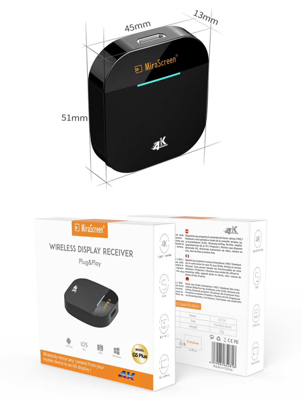 MiraScreen G5 Plus 4K Plug & Play Wireless Display Receiver 2.4G+5G WIFI support Android/ IOS/ Mac/ Windows