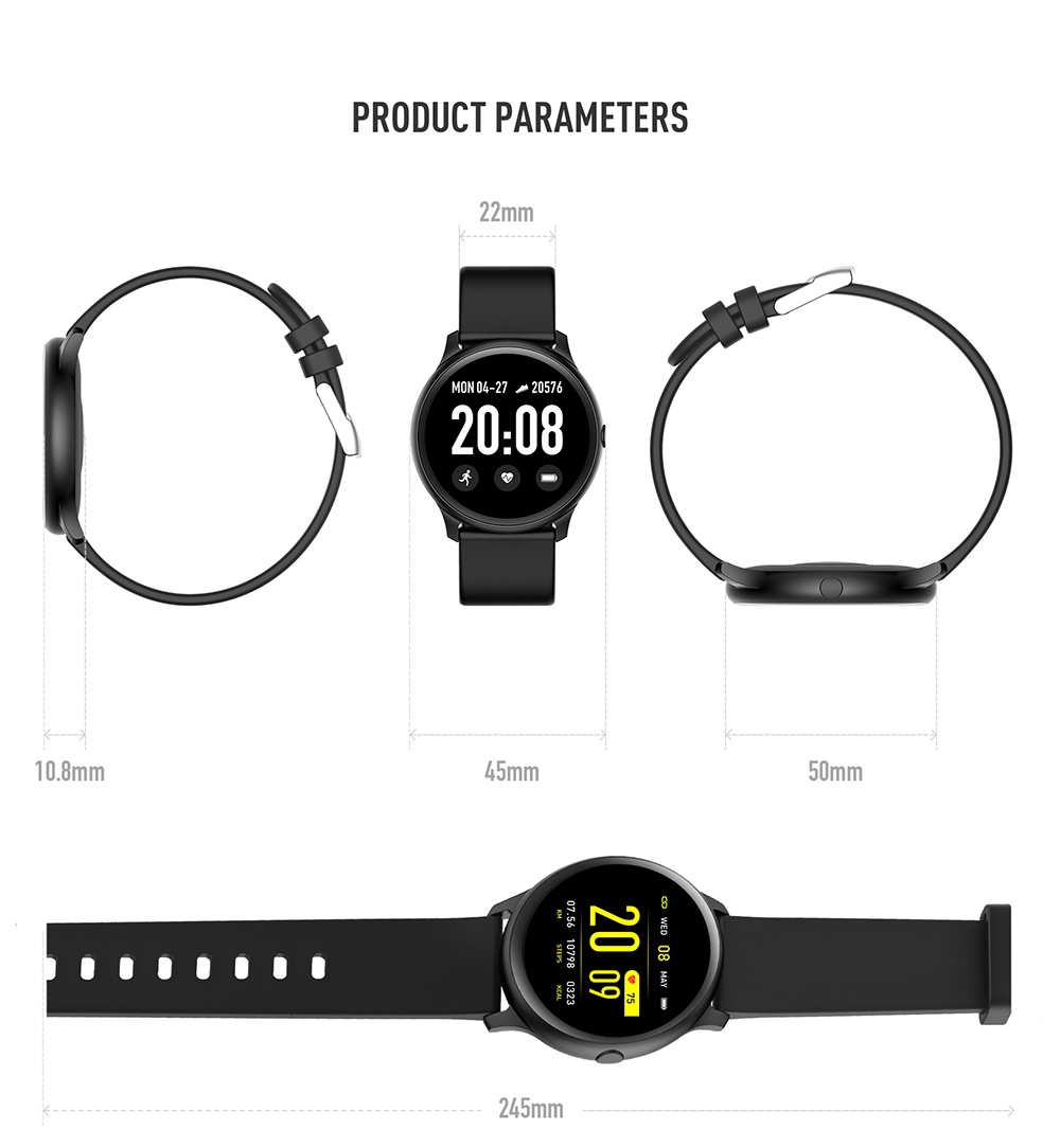 Model-KW19 SmartWatch 1.3 Inch TFT HD Screen IP67 Bluetooth 4.0 Heart Rate Blood Pressure Monitor - Black