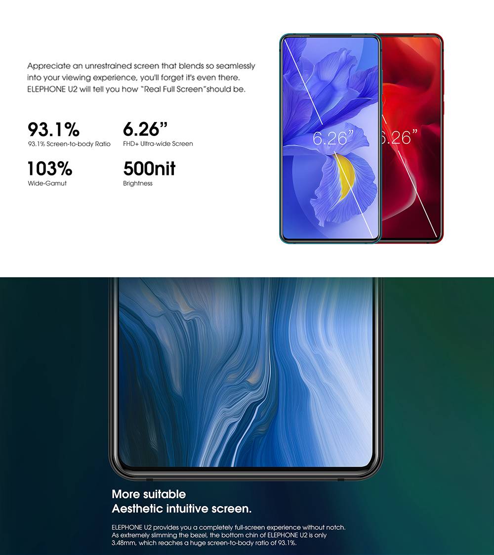 Elephone U2 6.26 Inch 4G LTE Smartphone MT6771T P70 6GB 128GB 16.0MP+5.0MP+2.0MP Three Rear Cameras Android 9.0 - Black