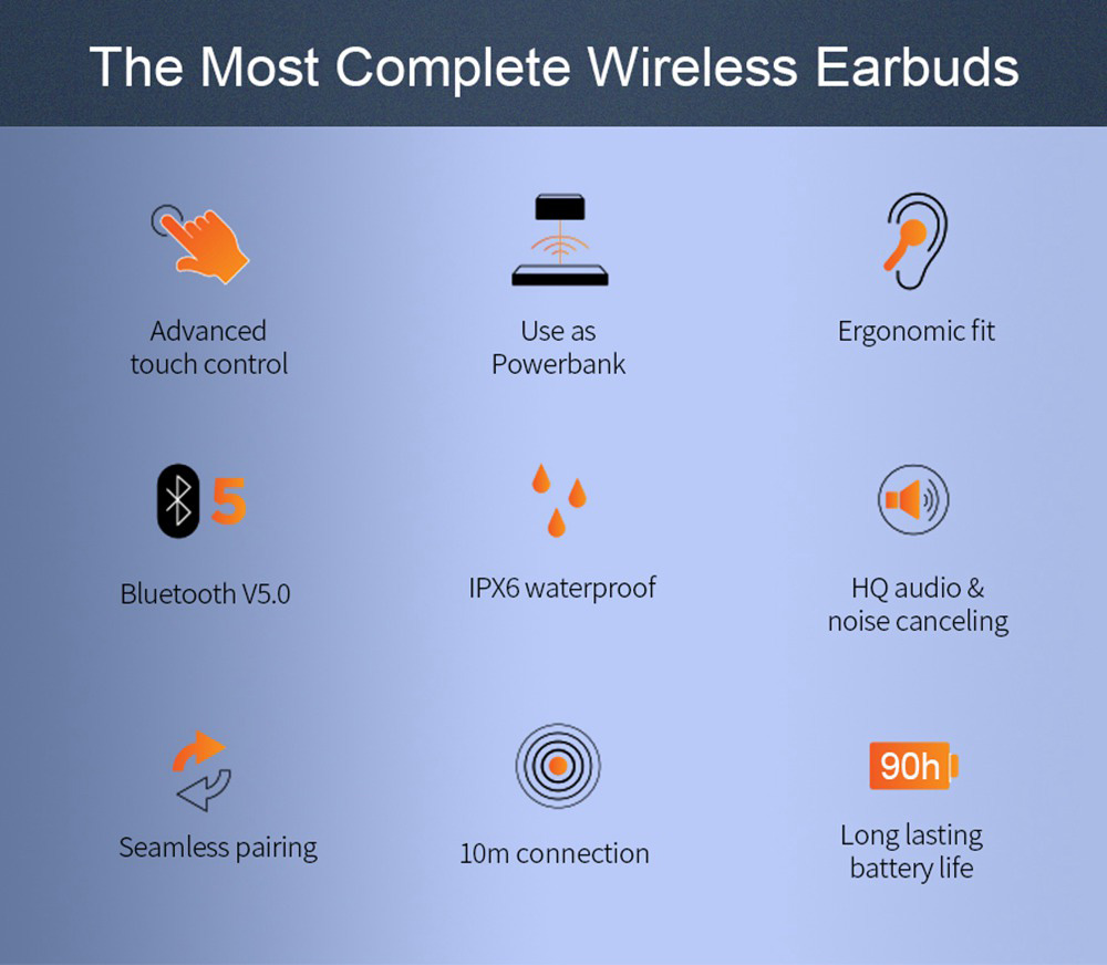 KUMI T3S TWS Bluetooth 5.0 Earphones 6D Heavy Bass Earbuds Touch control with Charging box 3300mAh- Black