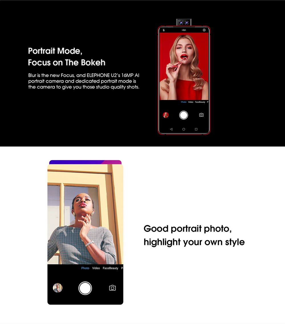 Elephone U2 6.26 Inch 4G LTE Smartphone MT6771T P70 6GB 128GB 16.0MP+5.0MP+2.0MP Three Rear Cameras Android 9.0 - Black
