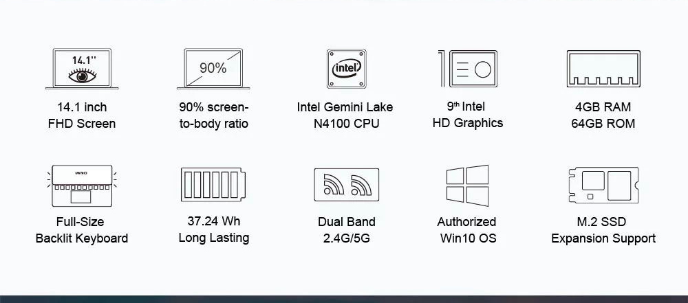 Chuwi Lapbook Pro Laptop Intel Gemini Lake N4100 Quad Core 14.0" IPS 1920*1080 Windows 10 4GB RAM 64GB ROM - Grey