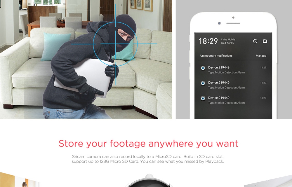 Sricam SP020 720P WiFi IP Camera H.264 CMOS Two-way Audio Night Vision Motion Detection Security Camera -White