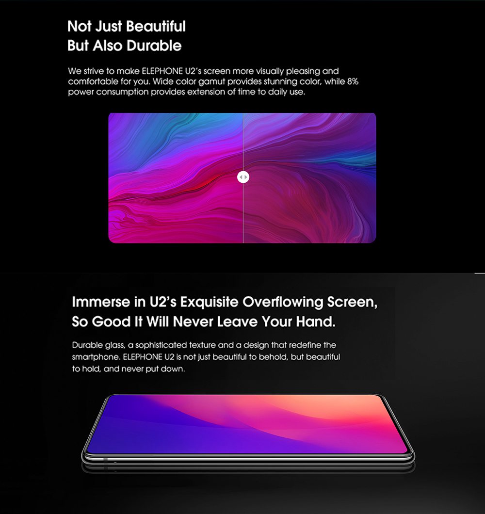 Elephone U2 6.26 Inch 4G LTE Smartphone MT6771T P70 6GB 128GB 16.0MP+5.0MP+2.0MP Three Rear Cameras Android 9.0 - Black