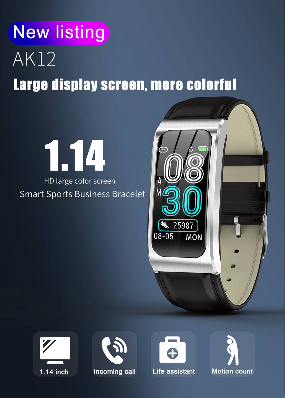 Makibes AK12 Smart Bracelet 1.14 Inches Screen IP68 Water Resistant Heart Rate Blood Pressure Monitor Fitness Tracker Silicone Strap - Black
