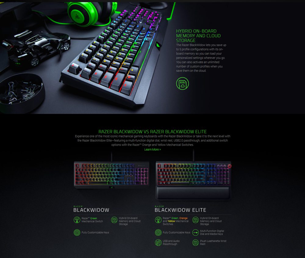 Razer BlackWidow Wired Mechanical Gaming Keyboard 104 Key Silent Tactile Green Switches RGB Lighting Programmable - Black