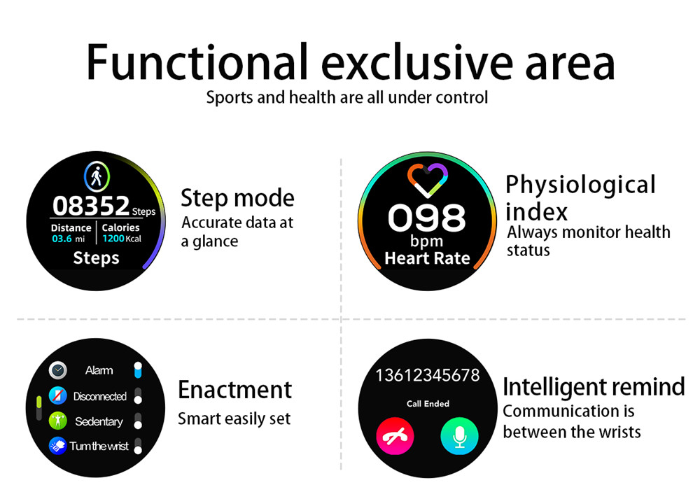 Makibes Q20 Smartwatch Blood Pressure Monitor 1.22 Inch IPS Screen IP67 Water Resistant Heart Rate Sleep Tracker Silicon Strap - Black